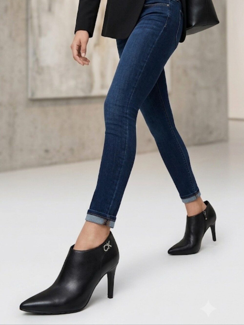 Calvin Klein Black Pointed-Toe Leather Ankle Heels